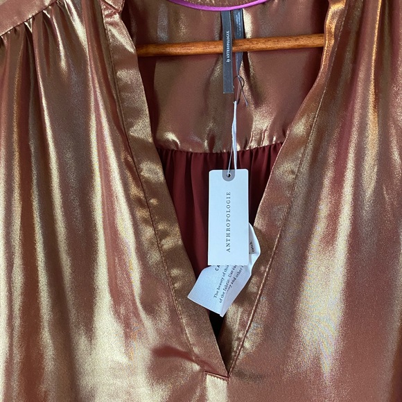 NWT By Anthropologie Bronze Metallic Foil Peasant Blouse - Picture 4 of 12